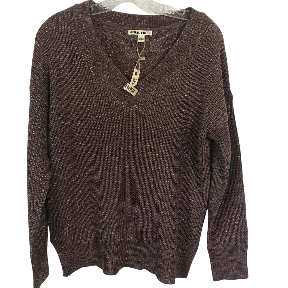 Moral Fiber Sweater Size Large Womens V Neck Purple Silver Long Sleeve NWT L